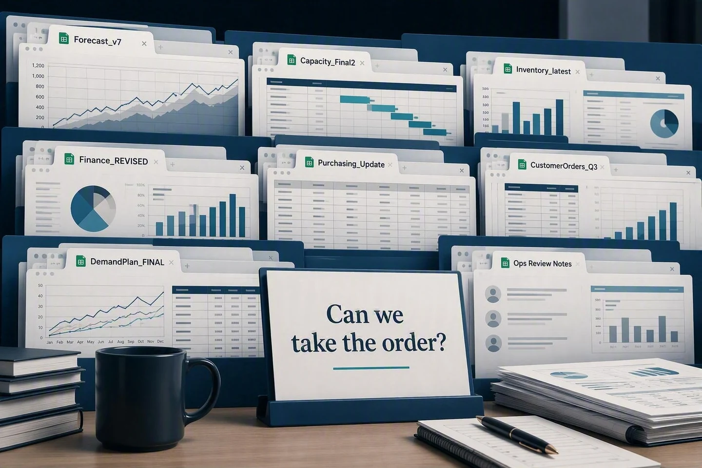 Planning spreadsheets arranged around a card asking, Can we take the order?